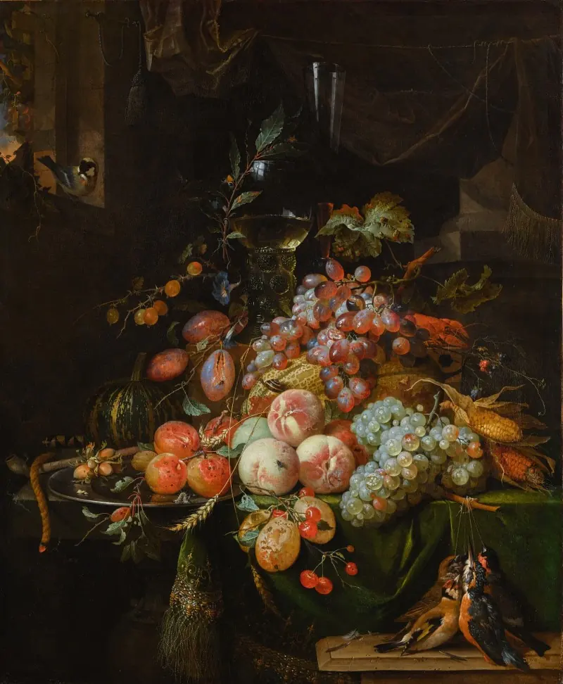 Fruits sur une table drapée - Abraham Mignon