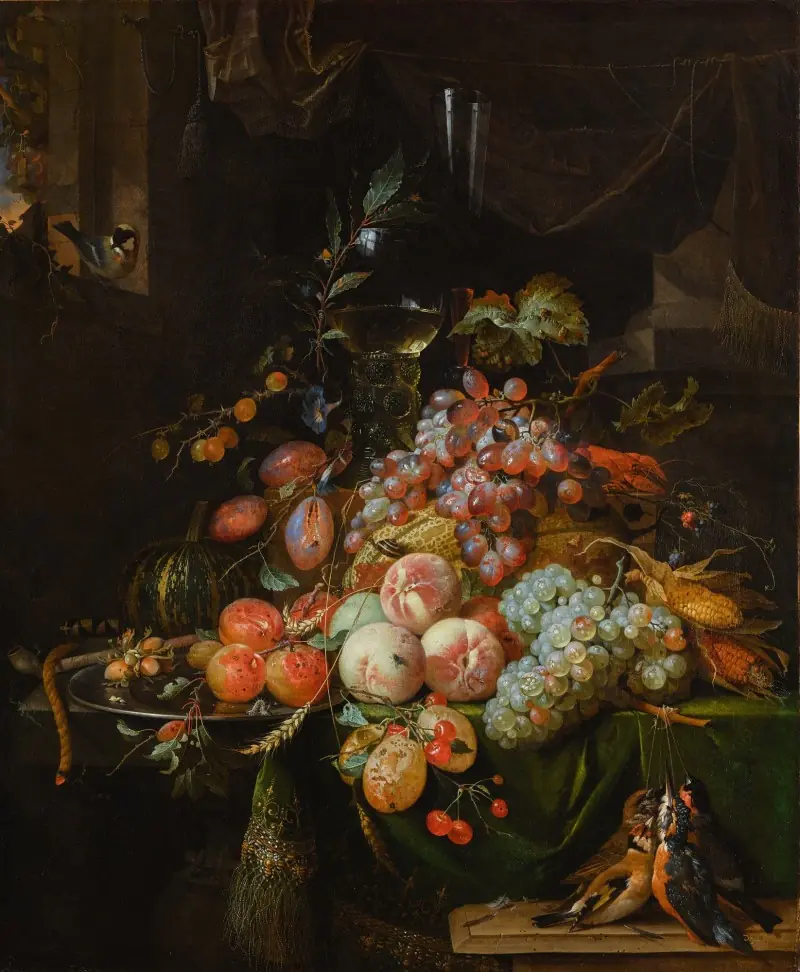 Fruits sur une table drapée - Abraham Mignon