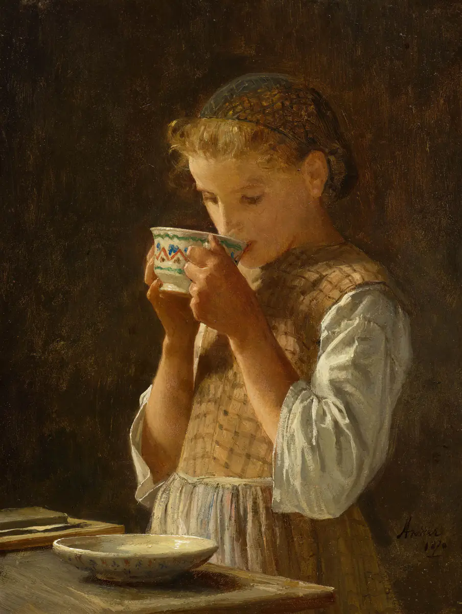 Fille, boire du café - Albert Anker