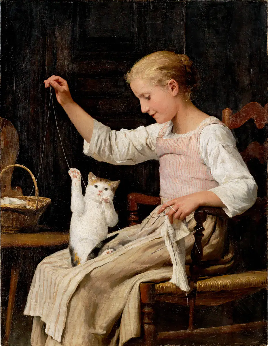 Fille jouant avec un chat - Albert Anker