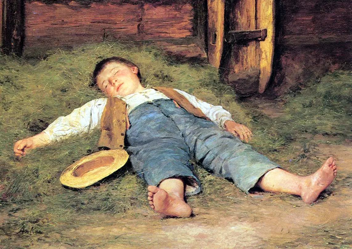 Garçon couché dans le foin - Albert Anker