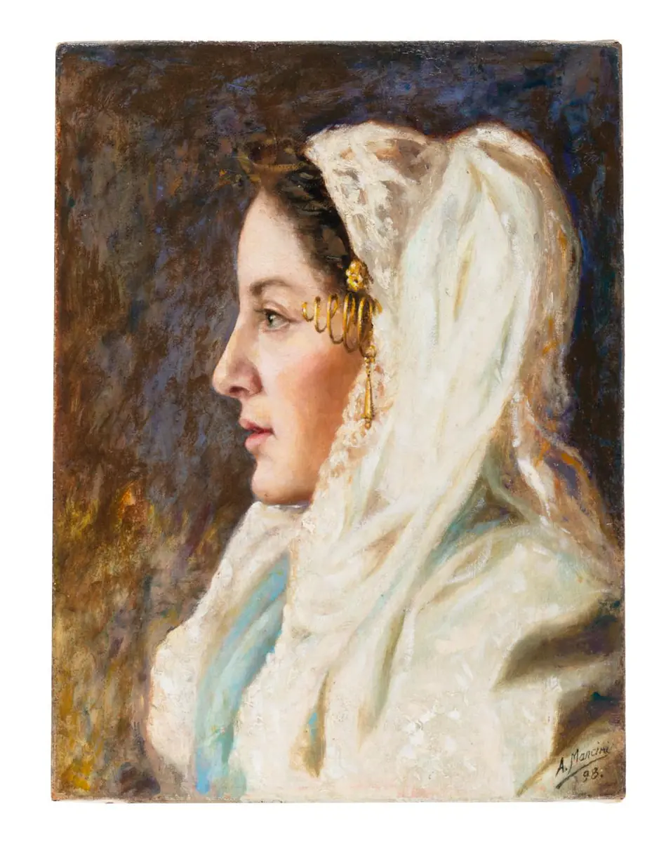 Dame de profil à la broche dorée - Antonio Mancini