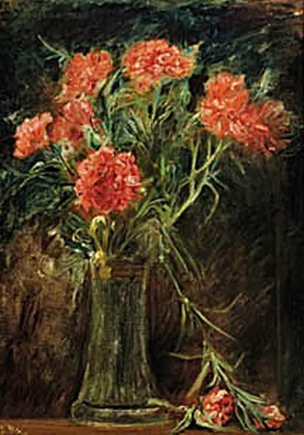 Oeillets rouges dans un vase. - Bertha Wegmann