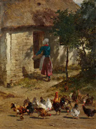 Poulets devant une ferme - Constant Troyon