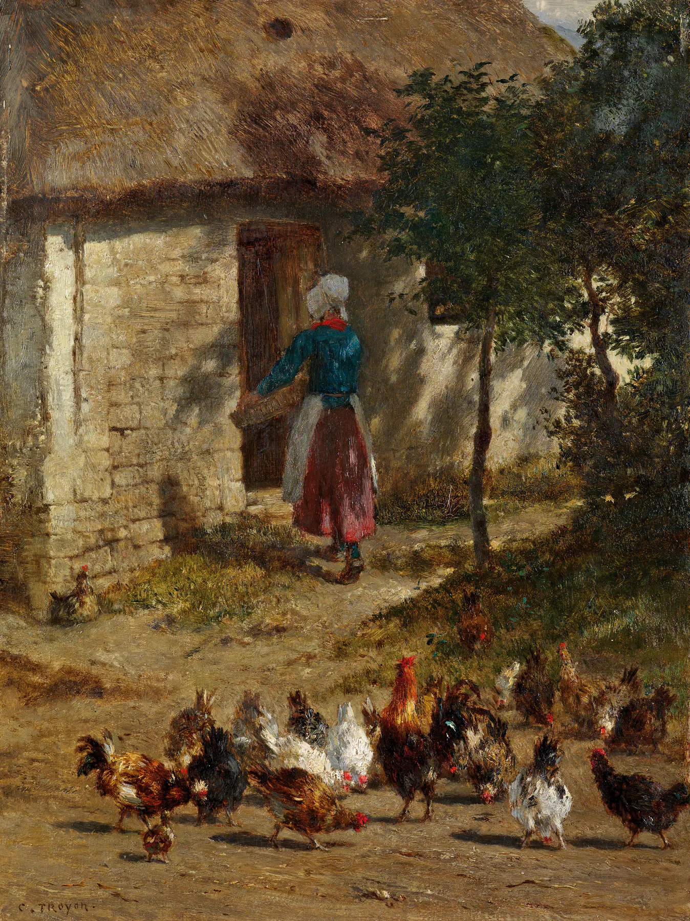 Poulets devant une ferme - Constant Troyon