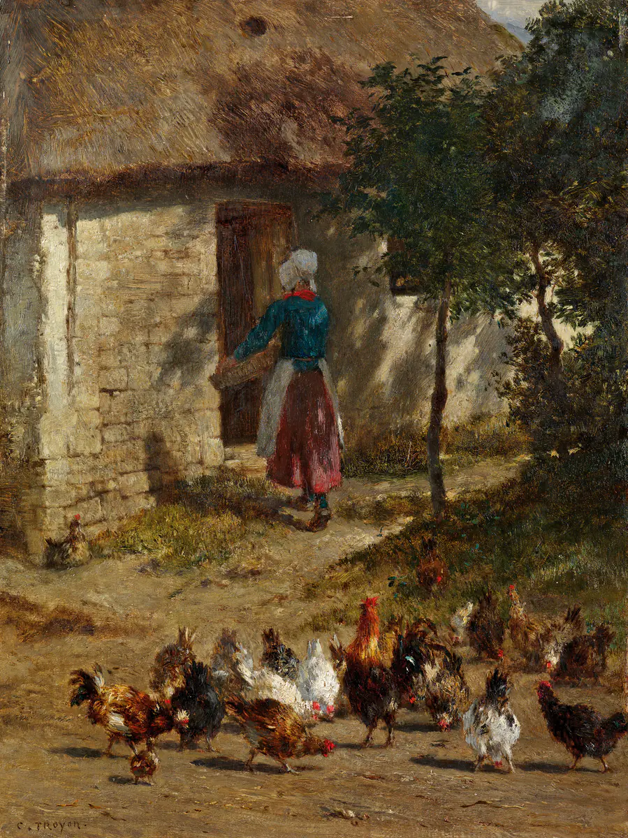 Poulets devant une ferme - Constant Troyon