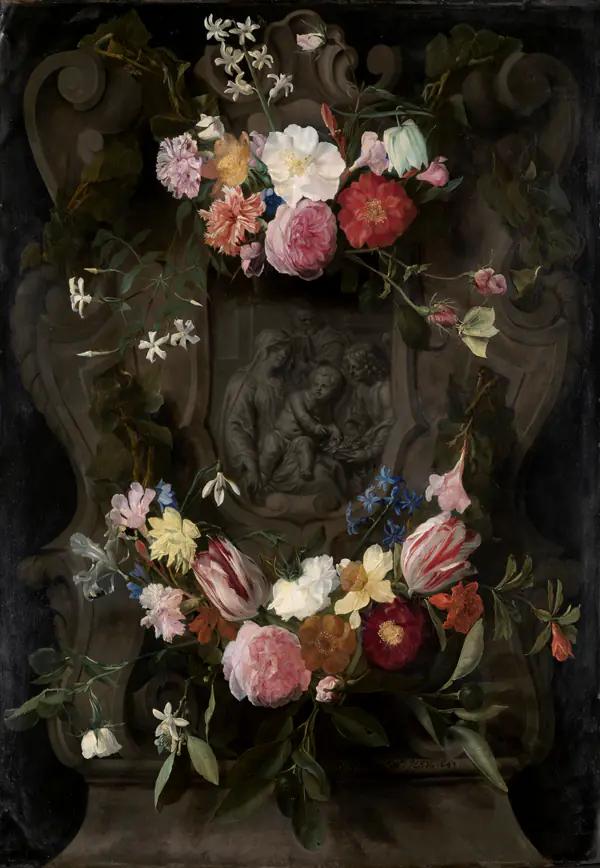 Relief de la Madone dans une guirlande de fleurs - Daniel Seghers
