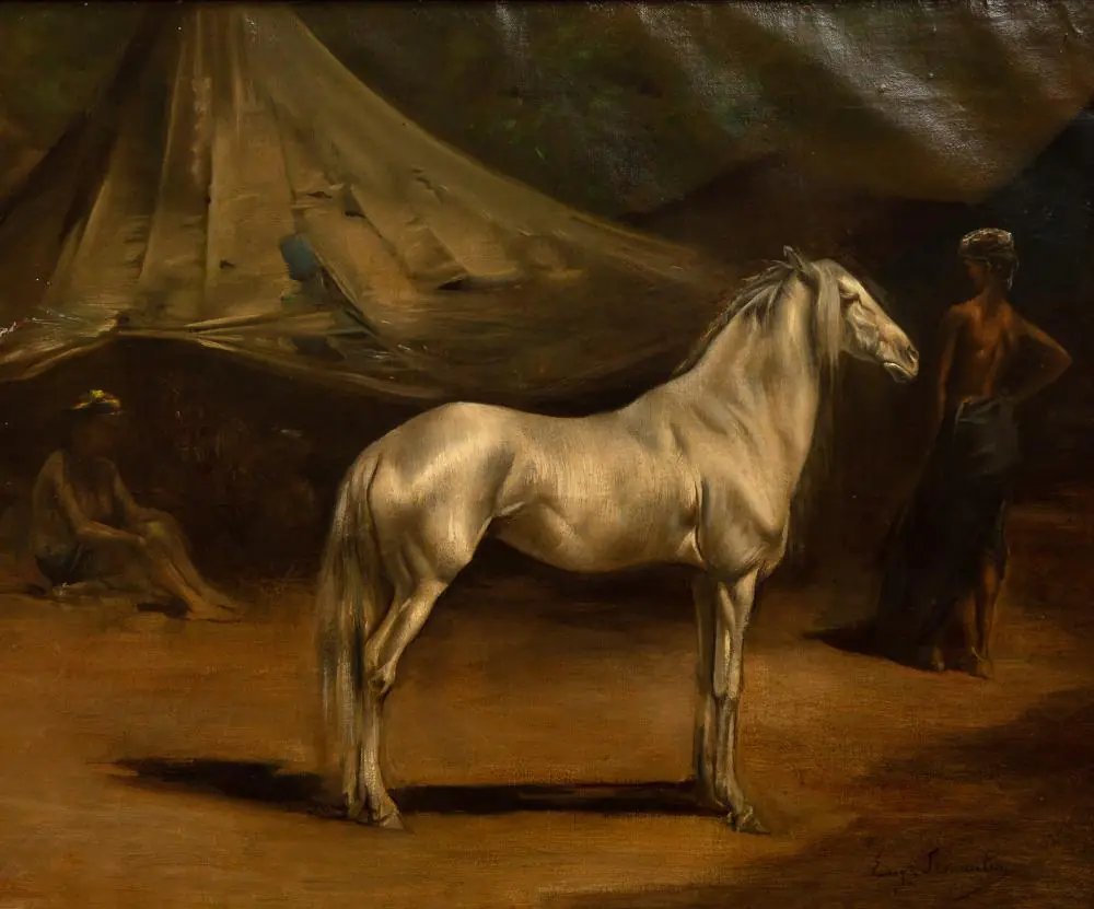 Le Campement arabe — cheval devant une tente - Eugène Fromentin