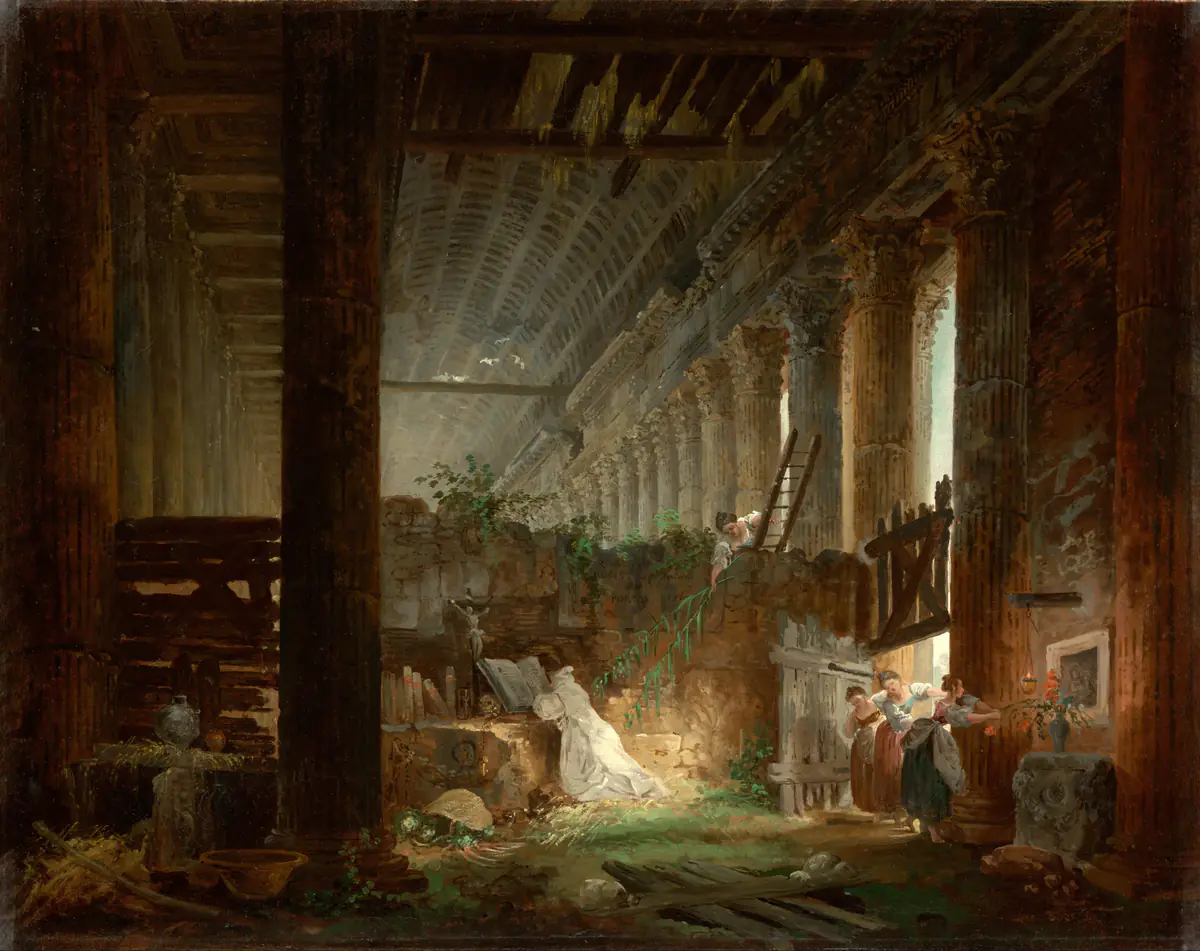 Un ermite priant dans les ruines d'un temple romain - Hubert Robert