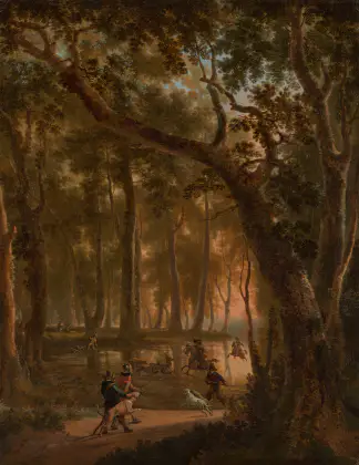 La chasse au cerf dans une forêt - Jan Hackaert