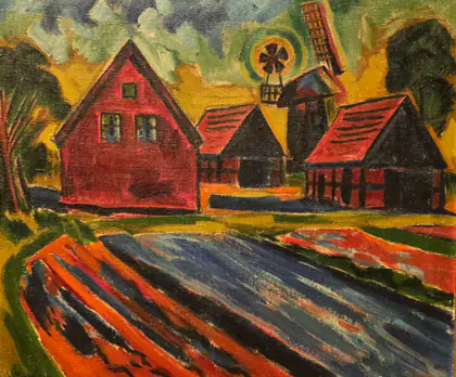 Maisons rouges avec un moulin à vent - Max Pechstein