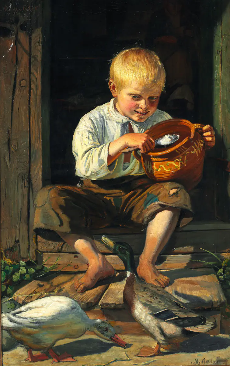 Un garçon nourrissant les canards - Michael Ancher