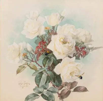 Roses blanches et bourdons — Branche verticale - Paul de Longpré