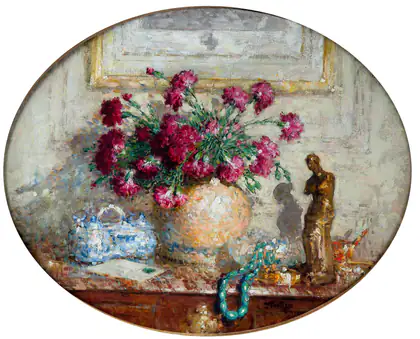 Vase d'œillets sur la commode - Pierre-Eugène Montézin