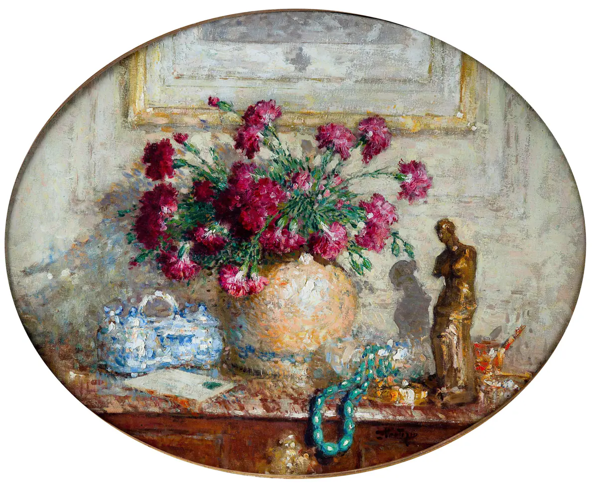Vase d'œillets sur la commode - Pierre-Eugène Montézin