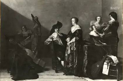 7 personnes dans une pièce, discutant - Pieter Codde