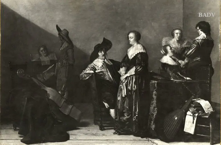 7 personnes dans une pièce, discutant - Pieter Codde