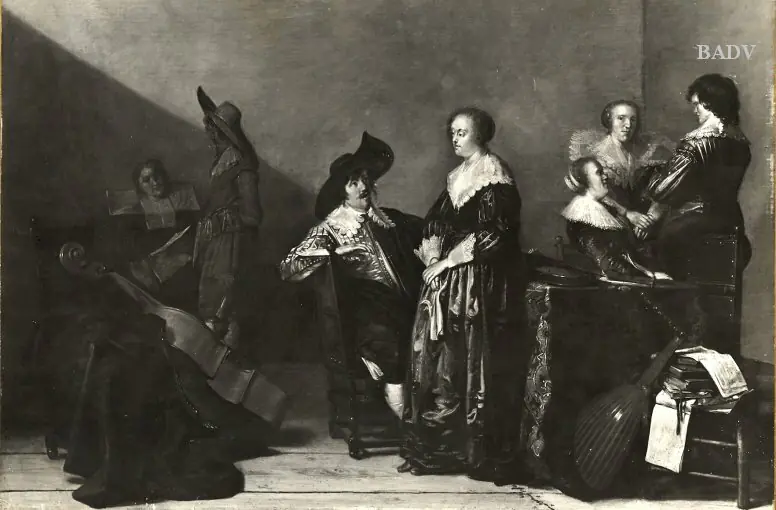 7 personnes dans une pièce, discutant - Pieter Codde