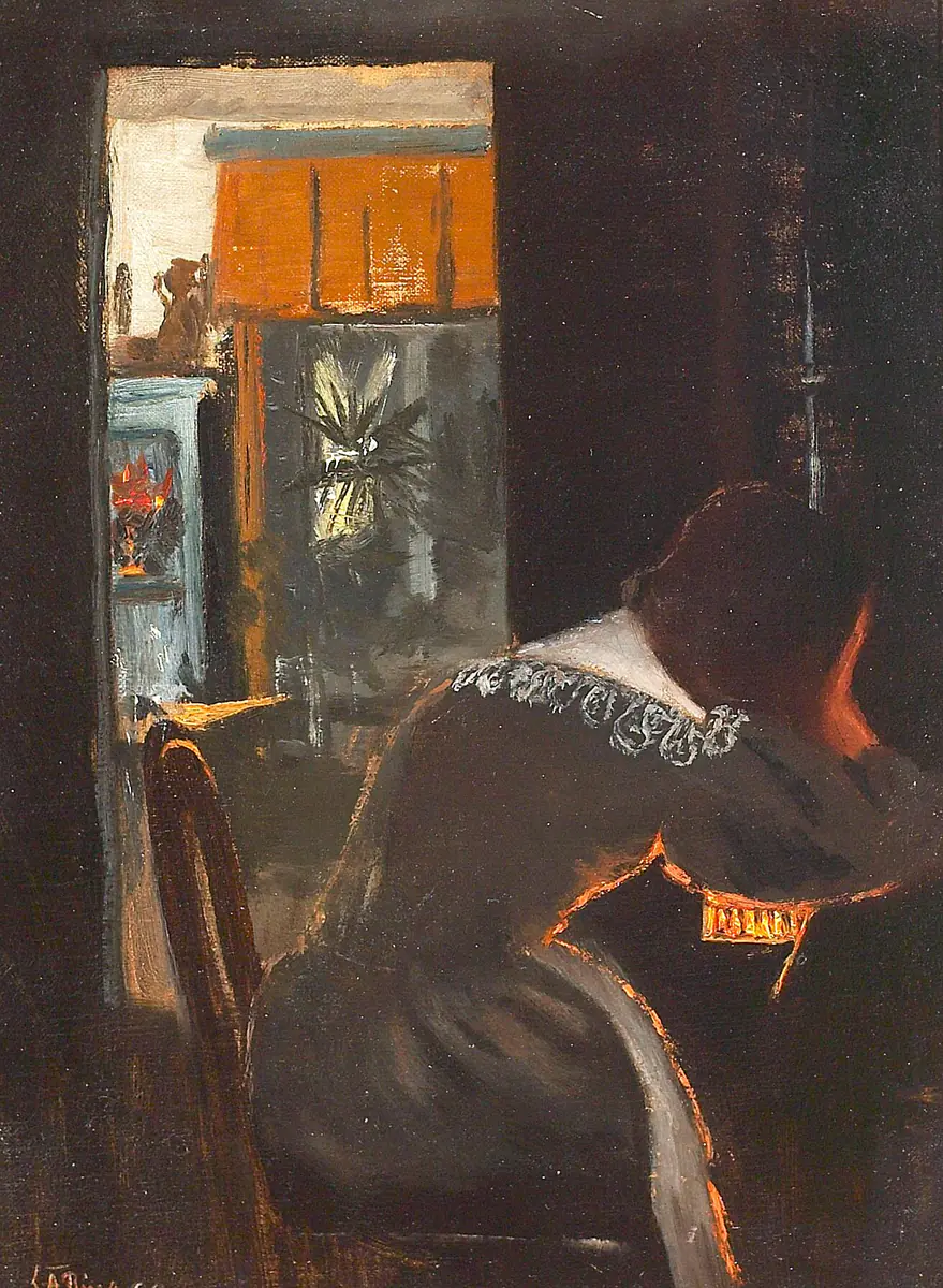 Une femme devant un poêle. - L. A. Ring