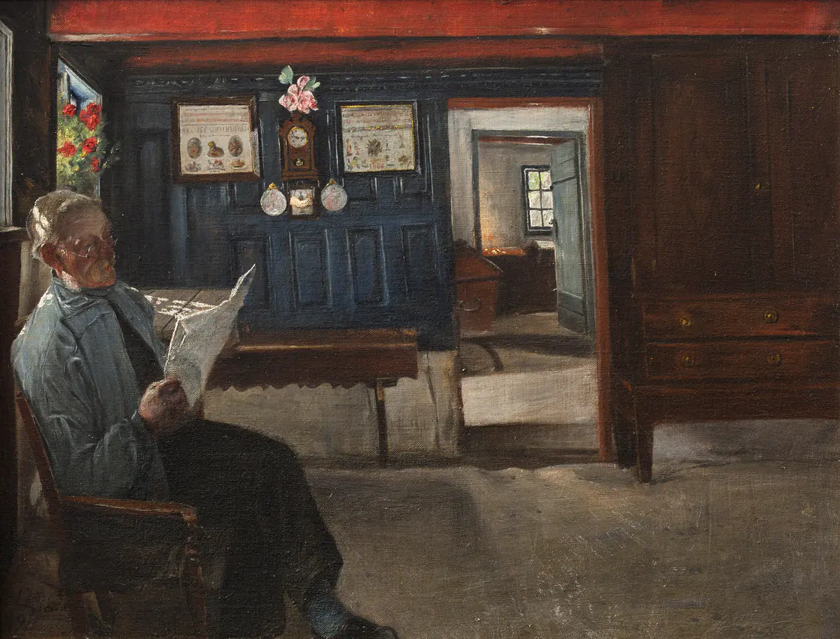 Intérieur avec paysan lisant le journal - L. A. Ring