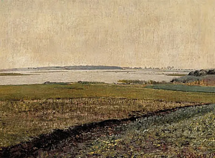 Paysage de crique.De vertes prairies devant et la crique plus loin. - L. A. Ring
