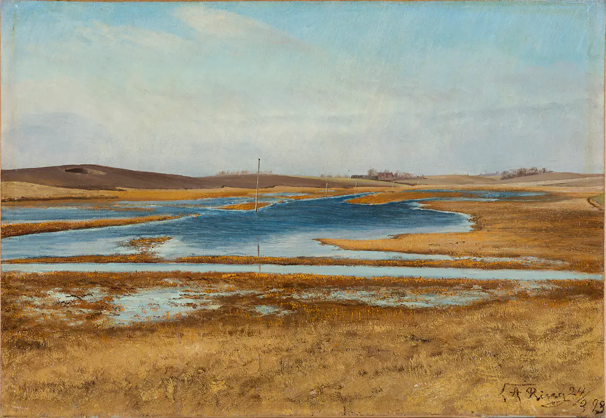 Une prairie inondée.Collines en arrière-plan.Soleil. - L. A. Ring