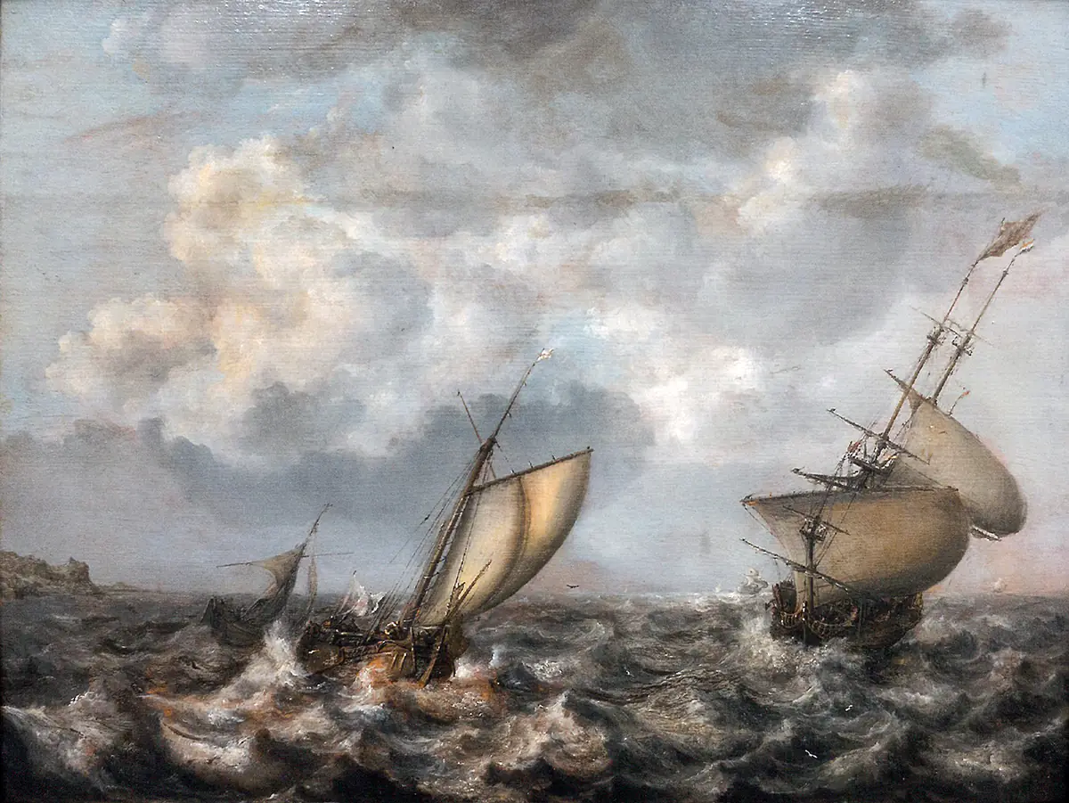 Mer agitée avec des navires. - Simon de Vlieger